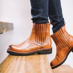 $429 Frye Ella Moto Chelsea Burgundy Red Real Leather Pull-On Moto Ankle Boot